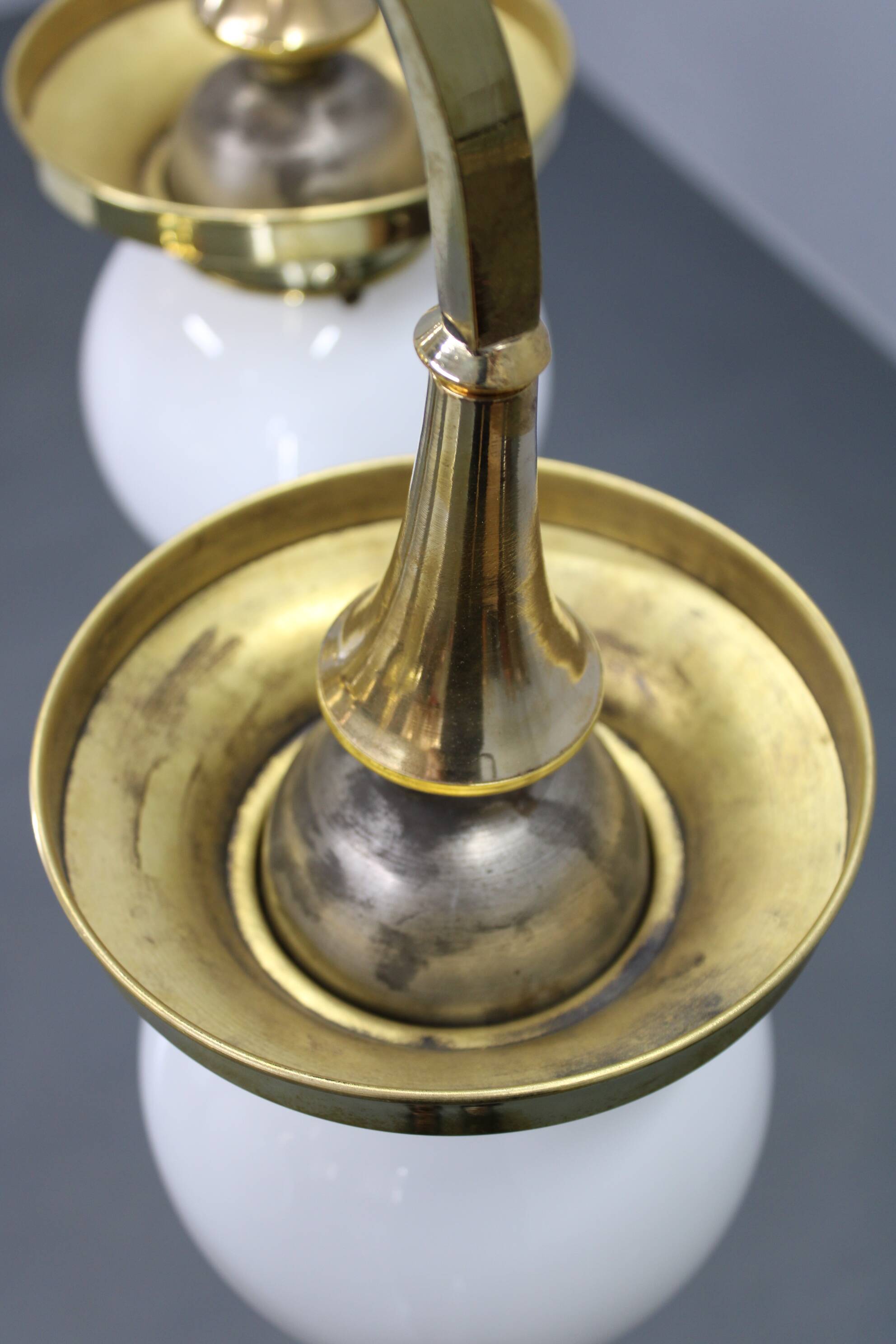 1930s Czechoslovak Art Deco brass chandelier with five opaline glass globes