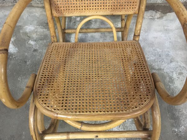 Rocking chair en rotin bambou et osier vintage 1950