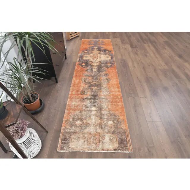 1960s Turkish Wool Hand-Knotted Runner Orange Rug 80x313