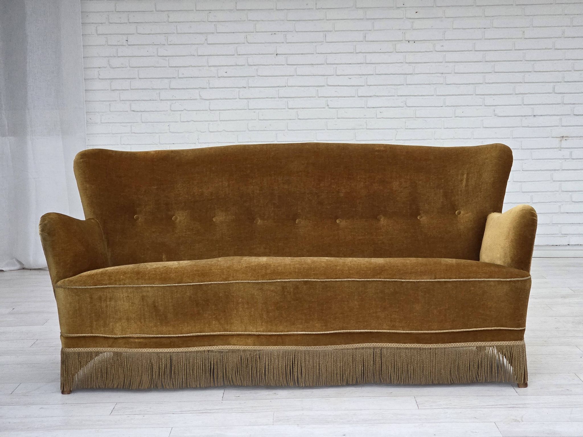 1960s, Danish 3-seater sofa, honey-yellow furniture velour, beech wood.