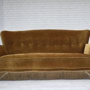 1960s, Danish 3-seater sofa, honey-yellow furniture velour, beech wood.