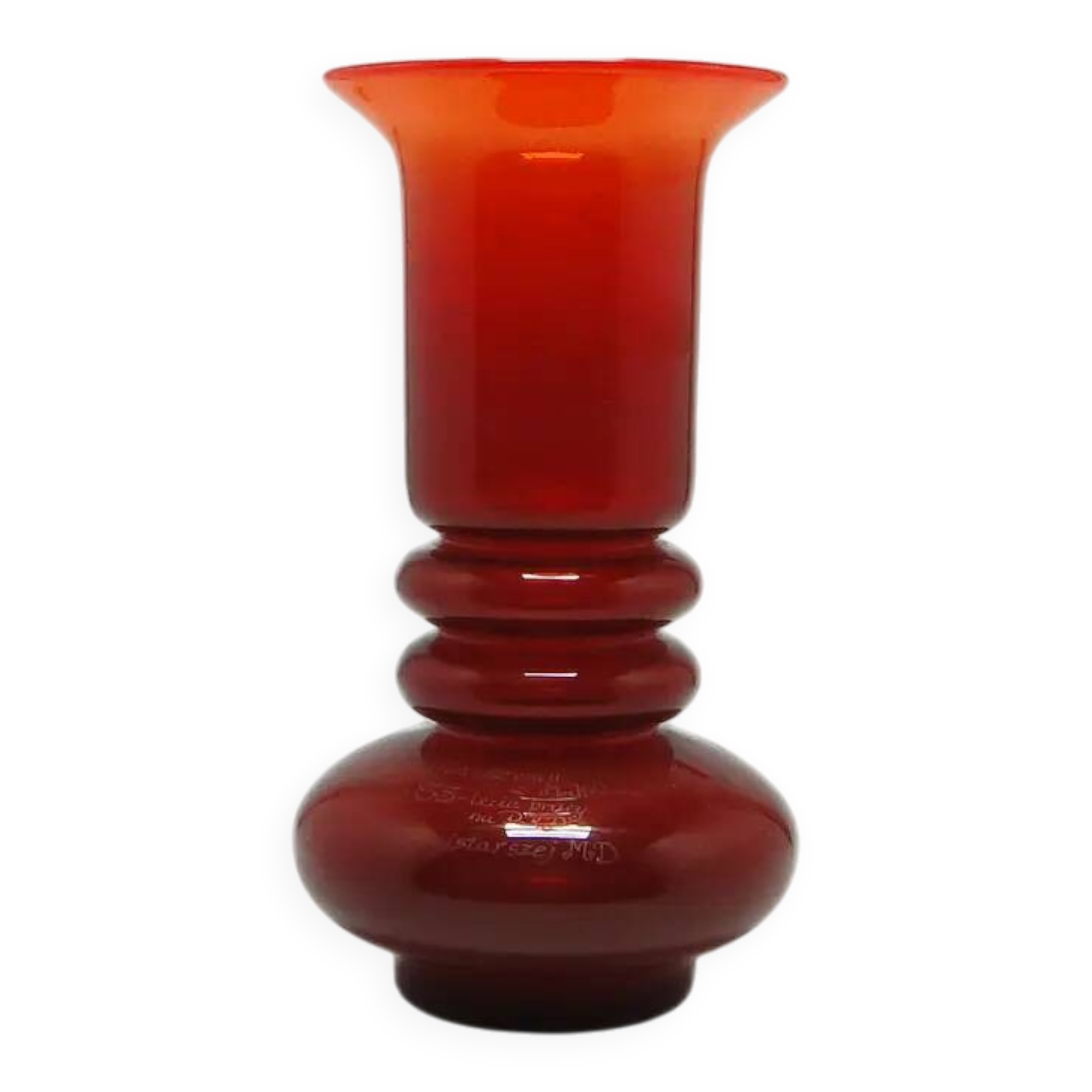 Mid-century modern vase, red glass, by L. Fiedorowicz, Poland, 1970s