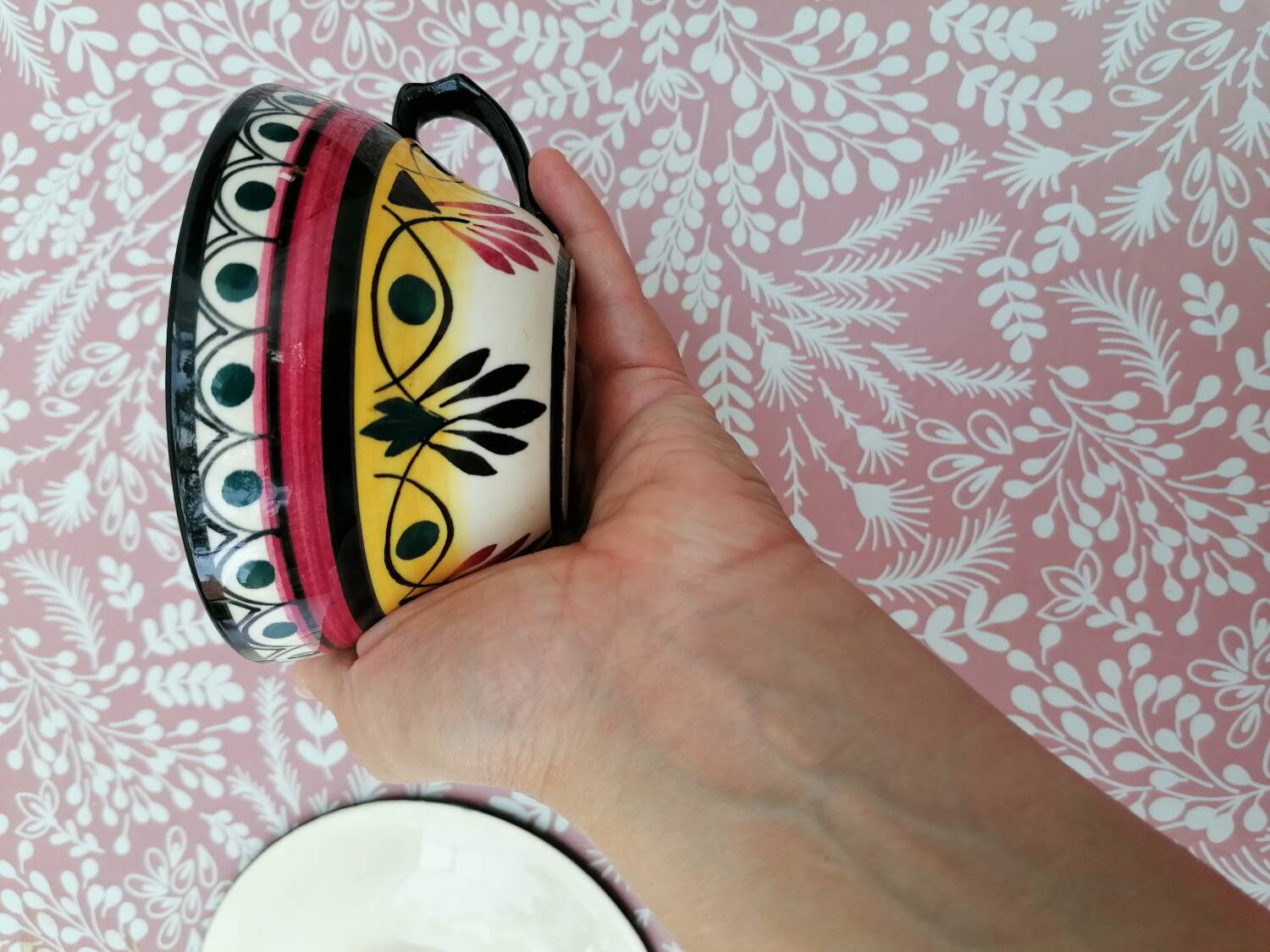 Hand-painted Breton earthenware cup and saucer from St Jean de Bretagne
