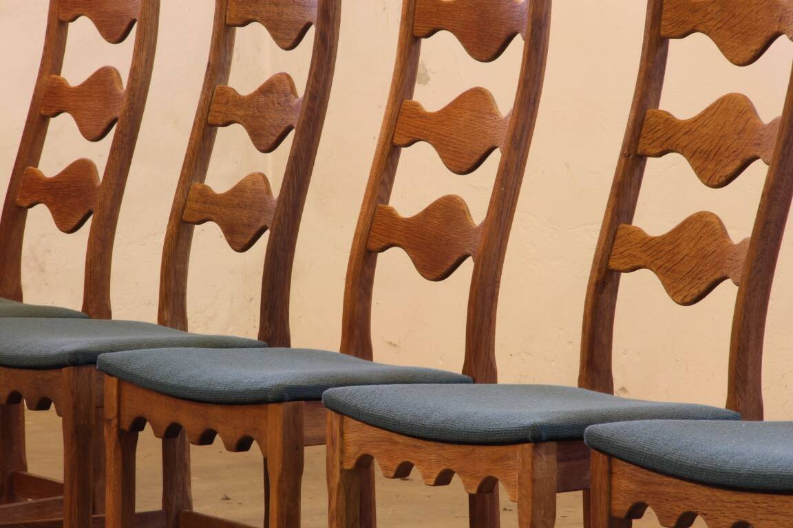 Six vintage 1960s Danish ladderback oak chairs, Henning Kjærnulf brutalist style