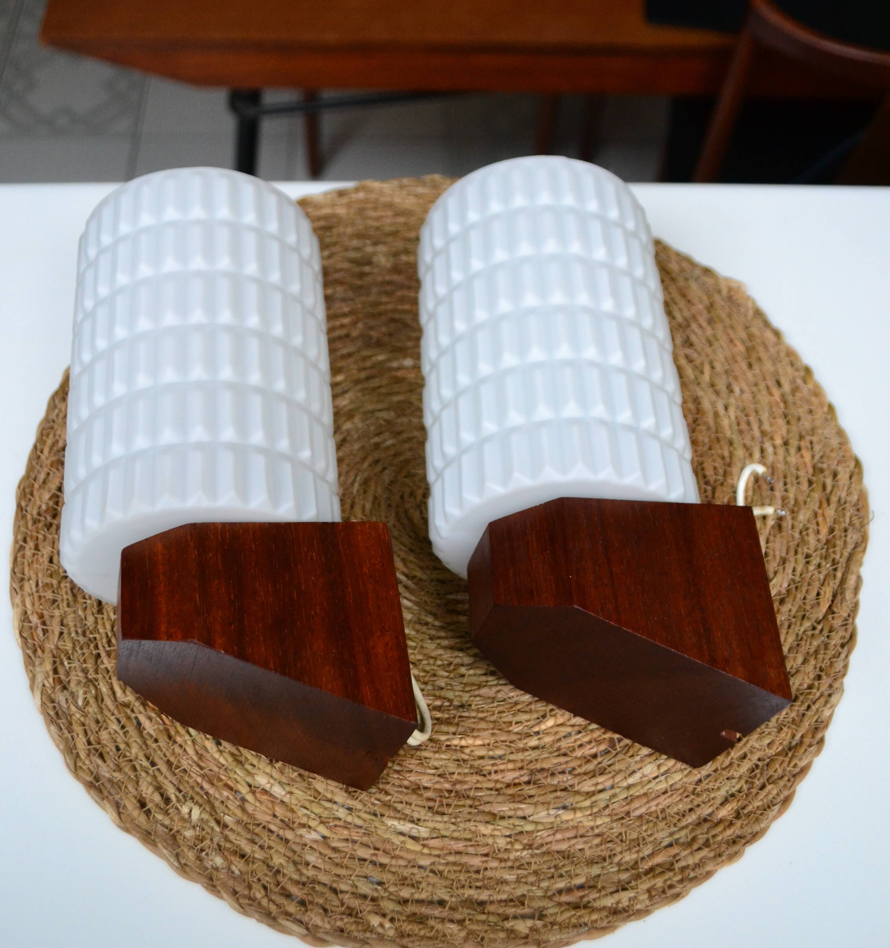 Pair of Scandinavian wall lights in teak and opaline by Philips from the 1960s.