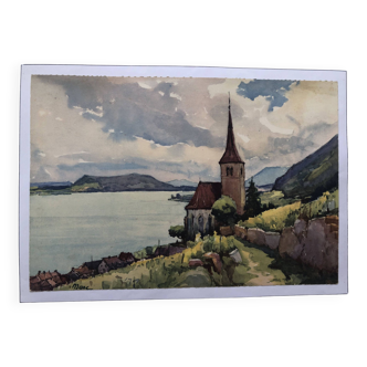 Lithographie 1930 village ligerz (gleresse) suisse, a. marc (markovitch) ed stehli zurich ch gravure