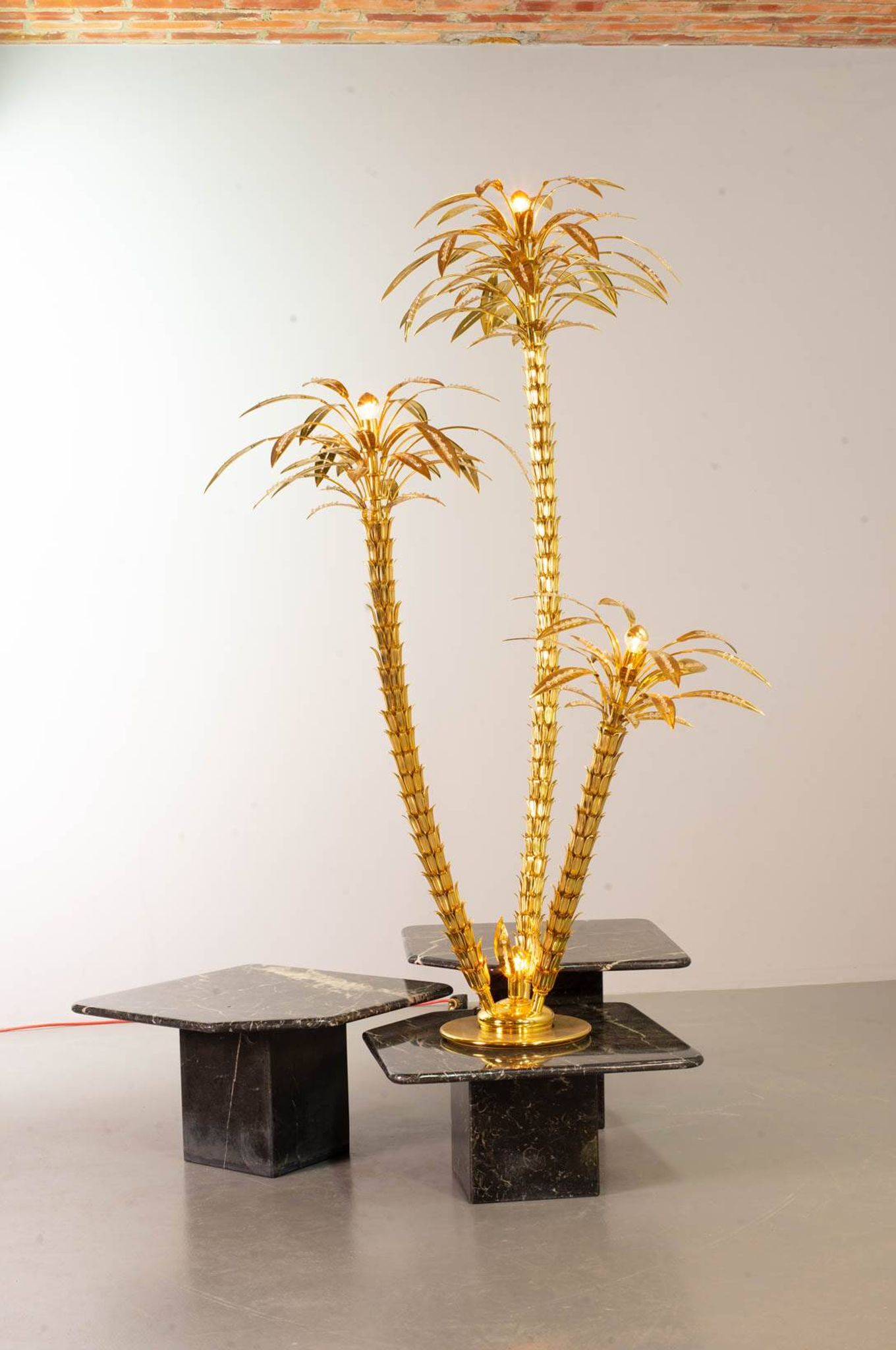 Exquisite Italian Golden Palm Tree Floor Lamp with 3 Sparkling Branches 70s