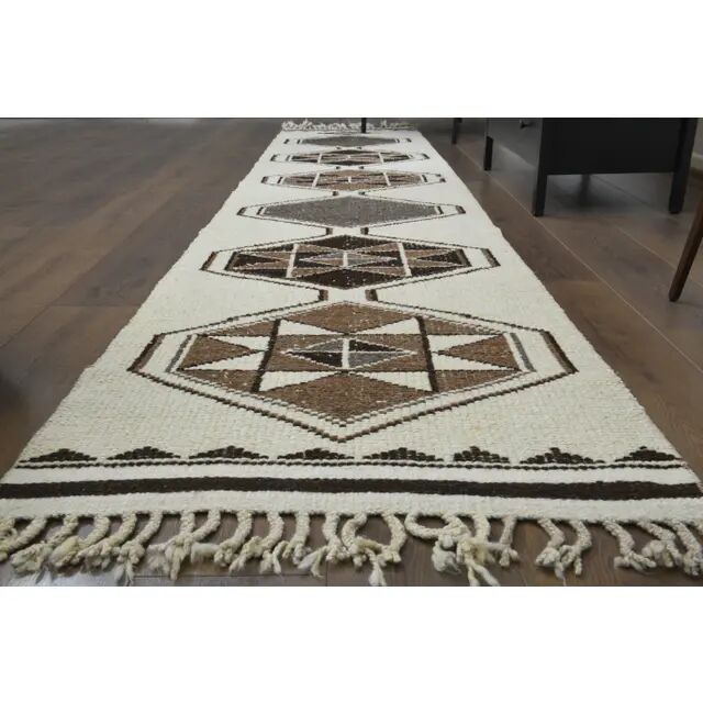 1970s Vintage Turkish Hand-Knotted Wool Cotton Beige Runner Rug 81x388