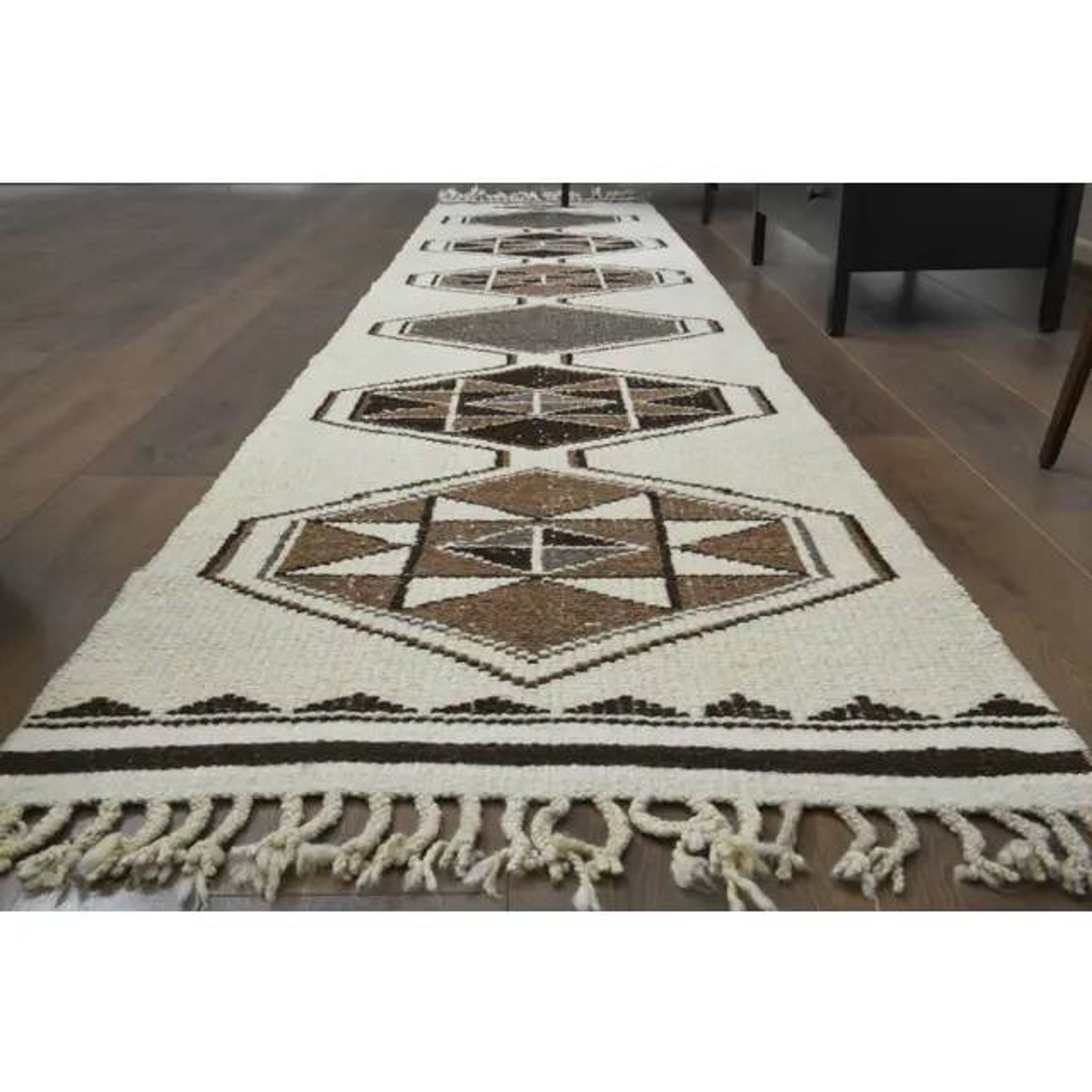 1970s Vintage Turkish Hand-Knotted Wool Cotton Beige Runner Rug 81x388