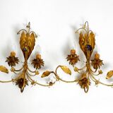 Pair of gold plated Italian 1980's floral Regency Murano glass sconces