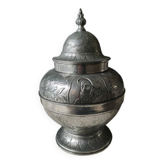 Old Candy Box/Pot with Antique style pewter lid. Ball shape. 32 x 20 cm