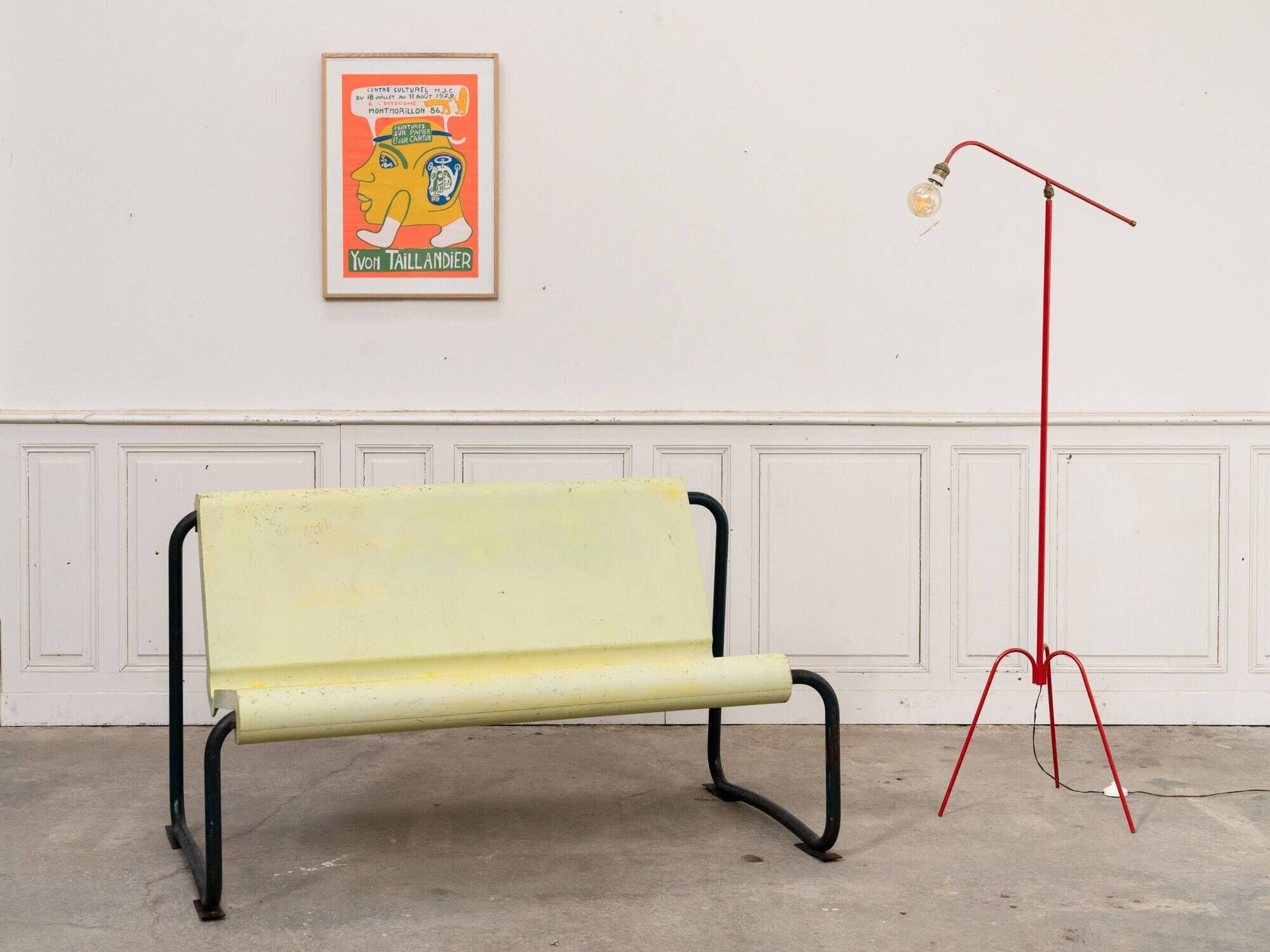 Rare Willy Guhl two-seater bench, original yellow patina, 1960.