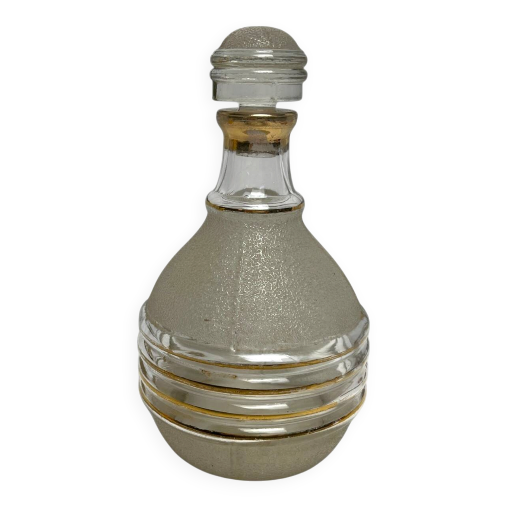 Art Deco, frosted glass liqueur bottle with gold trim circa 1940.