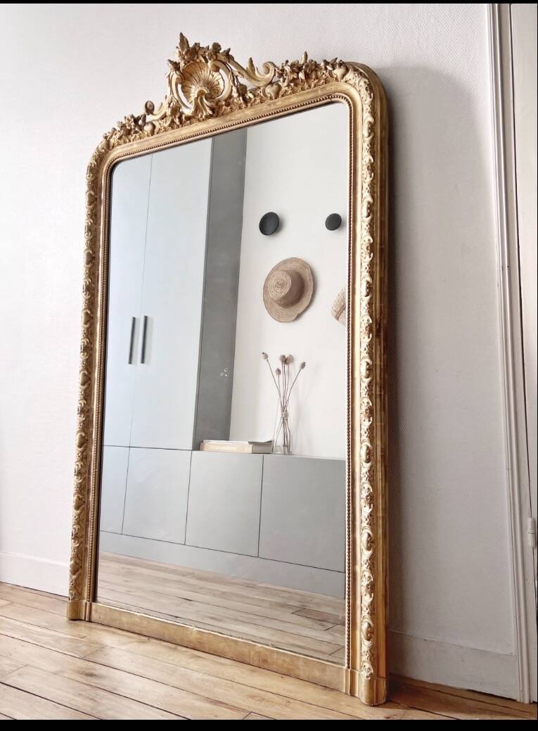 Large antique Louis-Philippe mirror gilded with gold leaf – 186 × 117 cm
