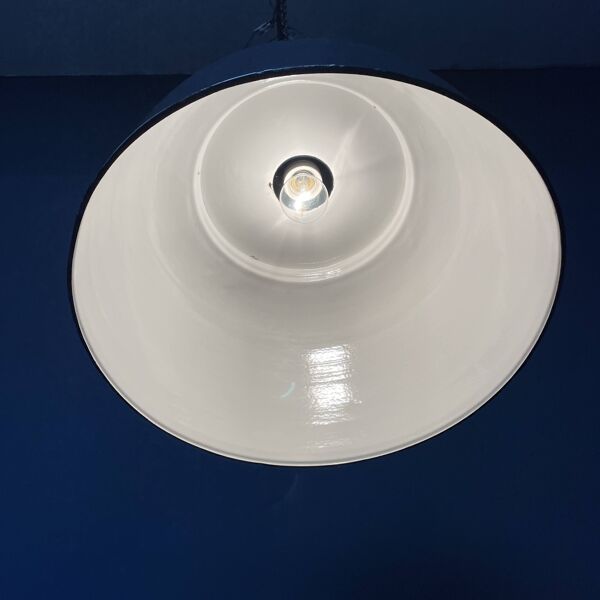 Grande lampe à suspension industrielle ancienne en émail bleu-gris