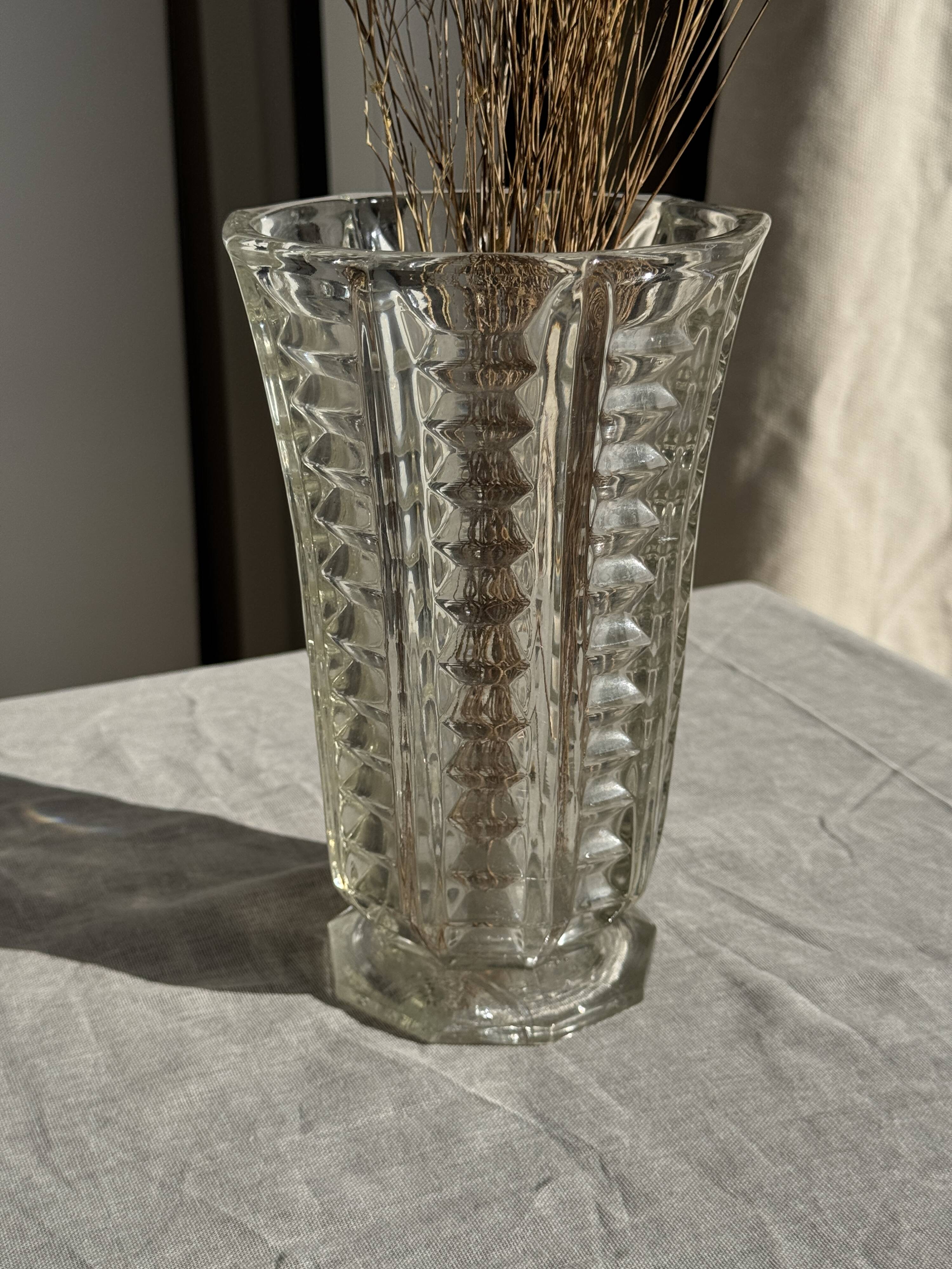 Vintage geometric moulded glass flared vase H21