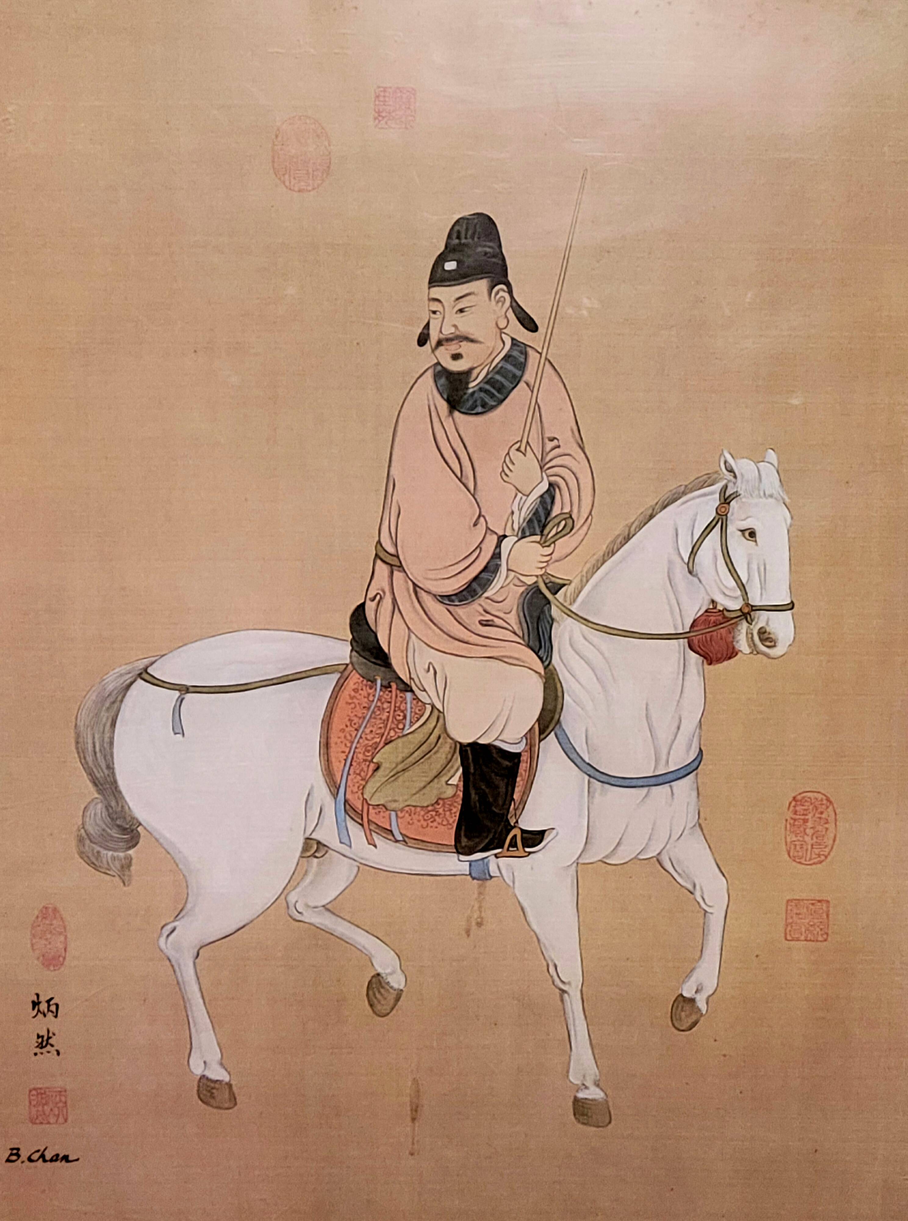China circa 1900: Oil painting on silk "The Horseman"