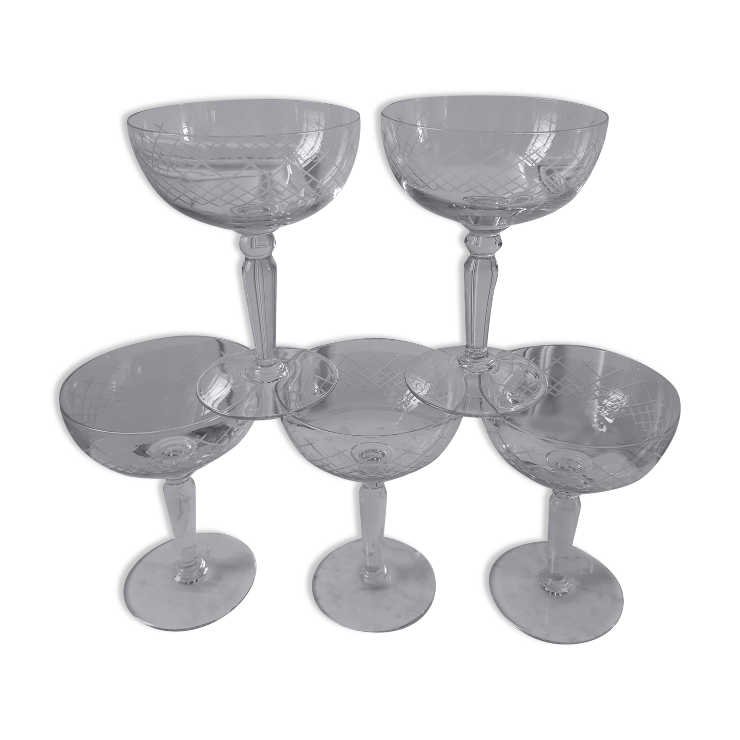 Lot of 5 60s chiseled crystal champagne glasses
