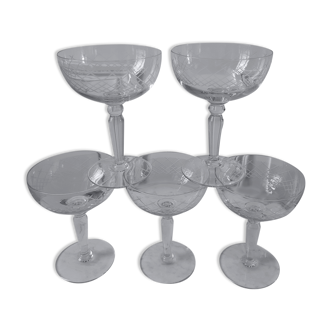 Lot de 5 coupes à champagne en cristal ciselées années 60
