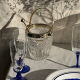 Small golden glass ice bucket with diamond point design and its scoop.