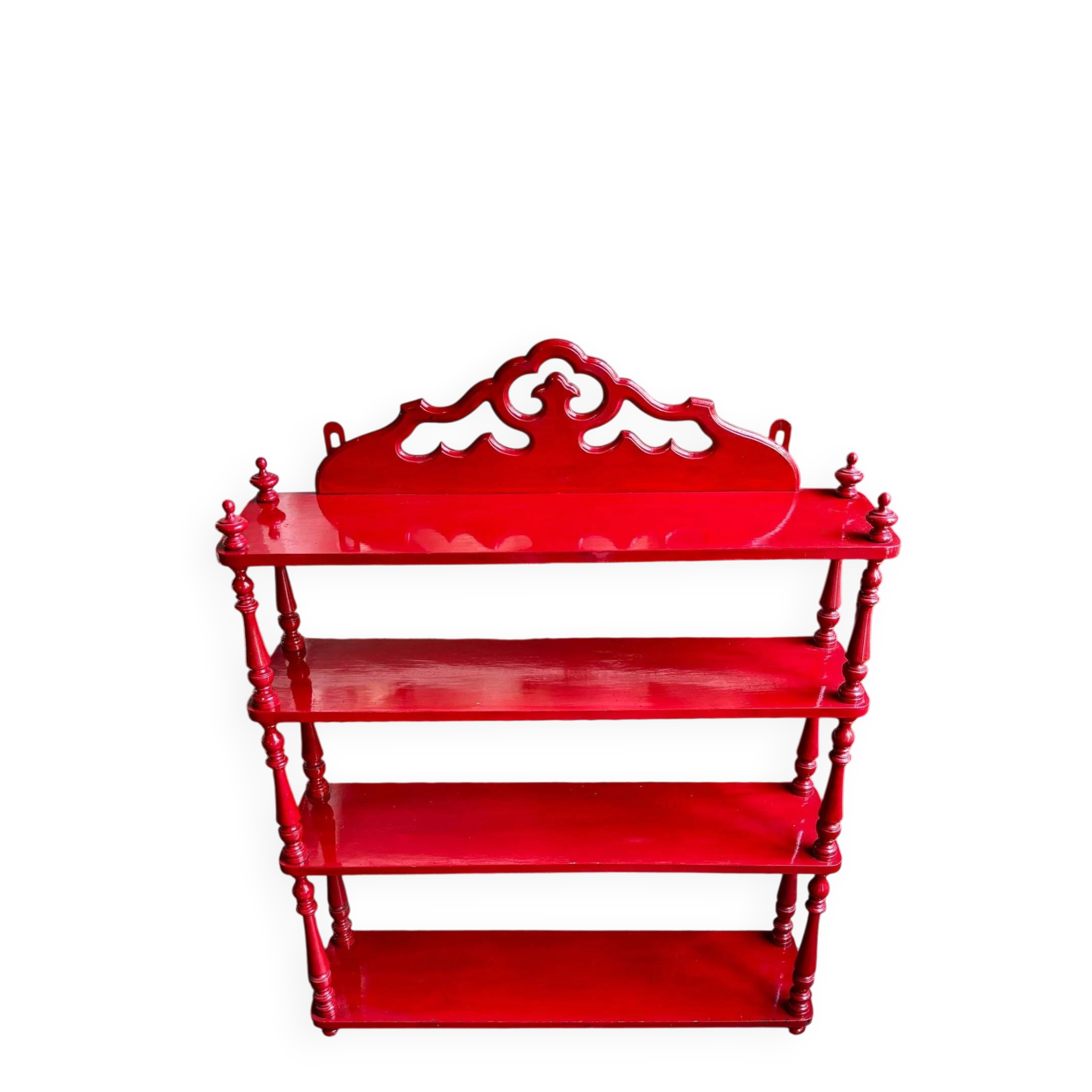 Wall shelf with 4 red lacquered wooden shelves.