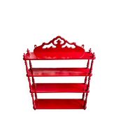 Wall shelf with 4 red lacquered wooden shelves.