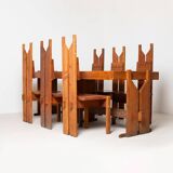 Unique architect designed brutalist set of 6 dining chairs in pine, Czechos