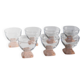 Lot of 7 vintage wine glasses from the 1980s in clear glass with a tiered pink stem, by Bormioli (Italy)