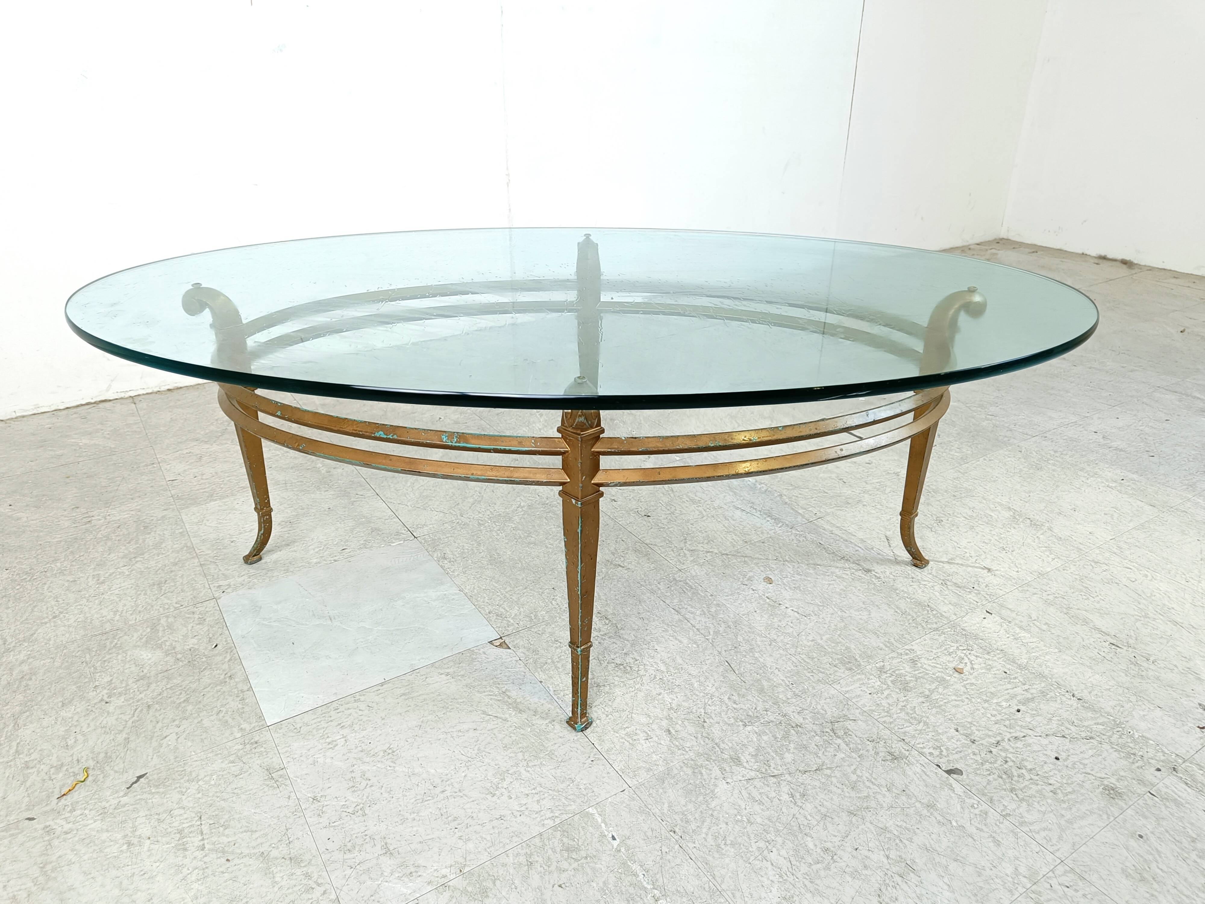 Vintage golden metal and oval glass coffee table, 1970s