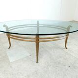 Vintage golden metal and oval glass coffee table, 1970s
