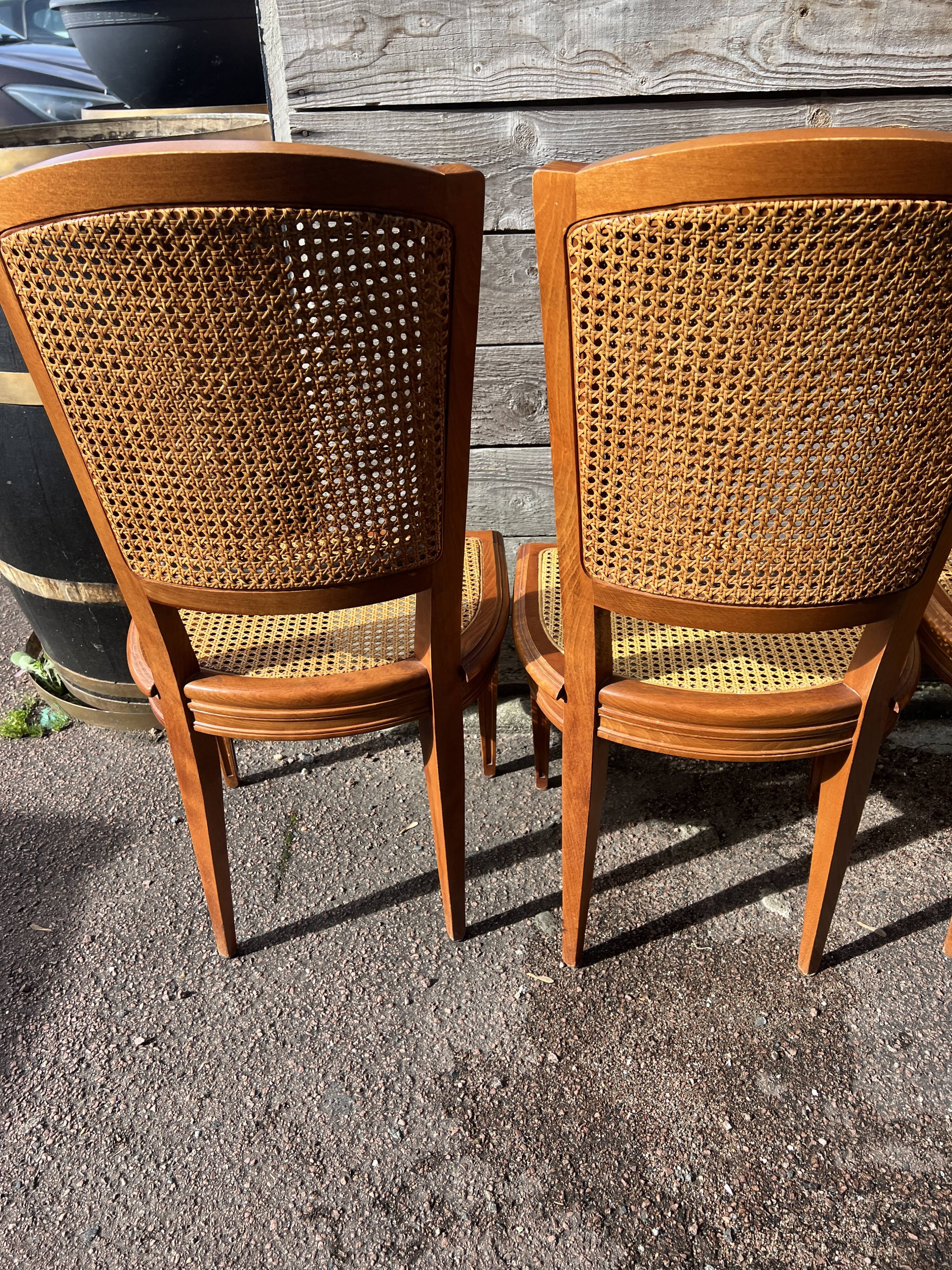 Six Art Deco chairs, 1960s, beech and cane