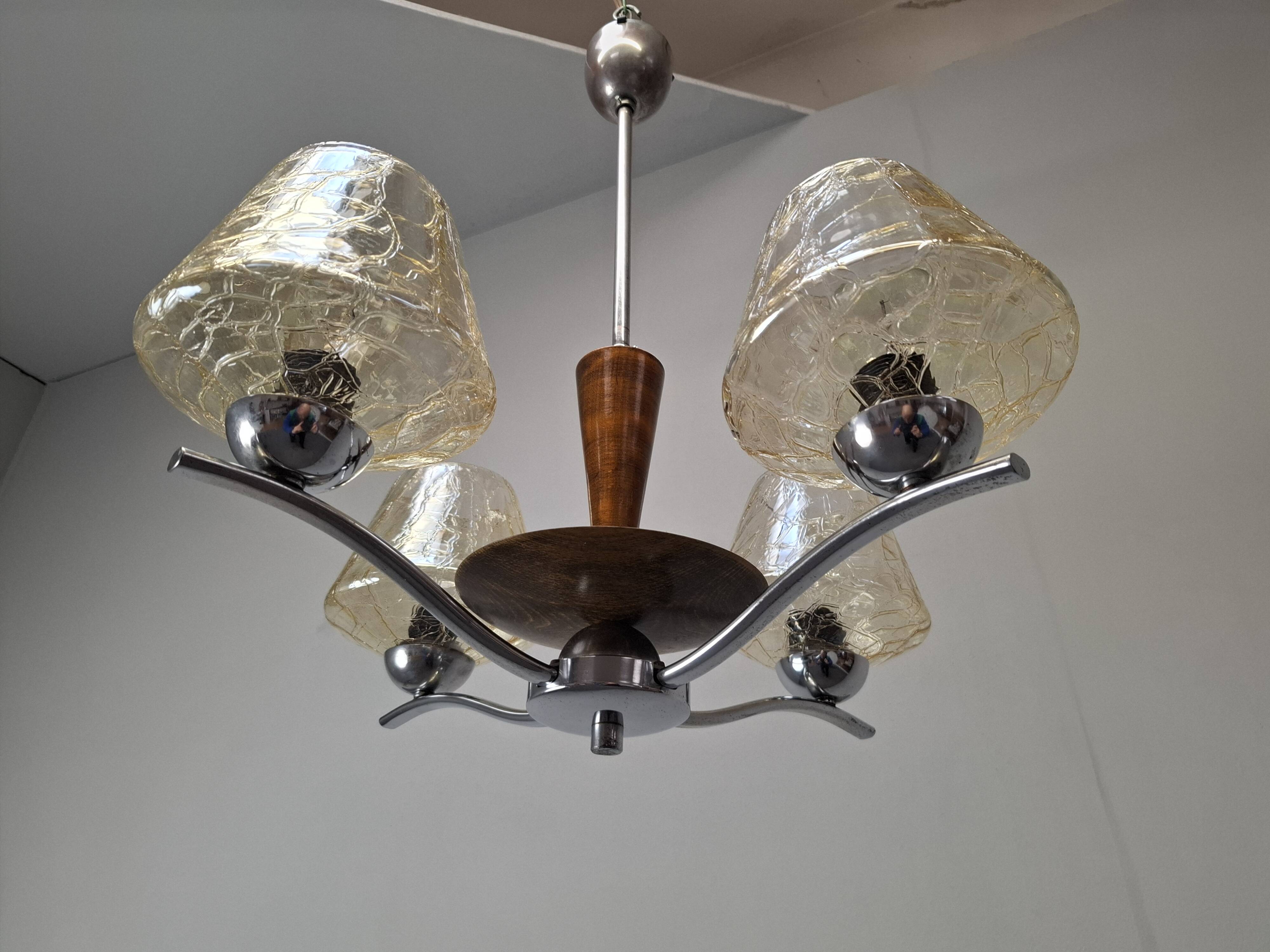 1960s Napako Mid-Century Modern Czech Four-Arm Glass Wood Chrome Chandelier