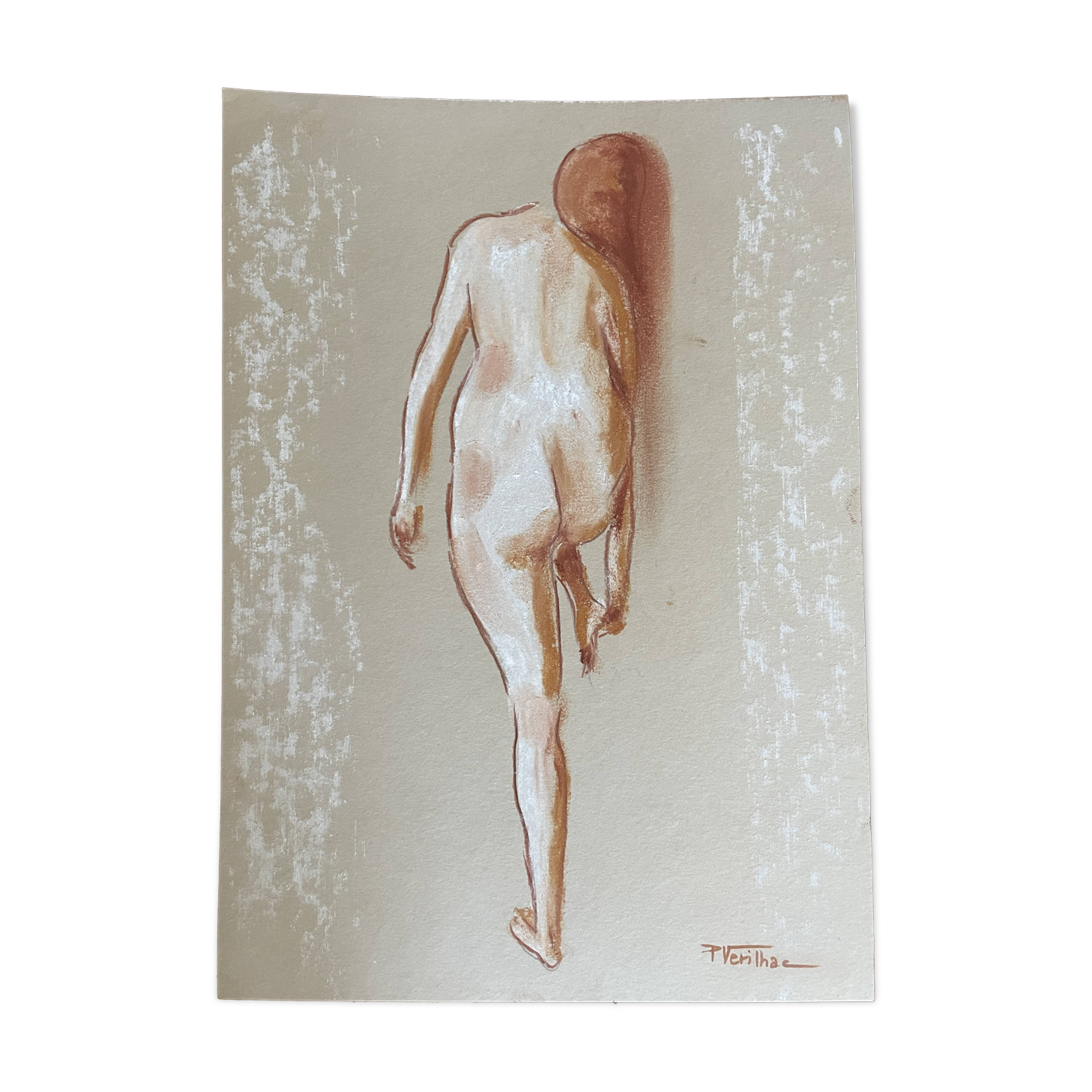 Signed pastel painting of a woman "light at the exit of the bath"