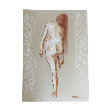 Signed pastel painting of a female portrait "light at the exit of the bath"