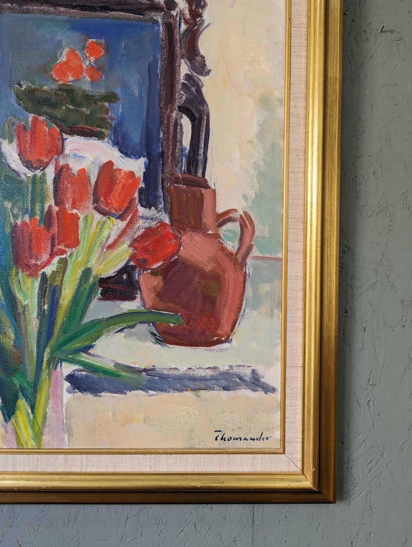 Mid-Century Modern "Window Red Tulips", Swedish Interior Still Life Oil Painting, Framed