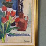 Mid-Century Modern "Window Red Tulips", Swedish Interior Still Life Oil Painting, Framed