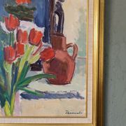 Mid-Century Modern "Window Red Tulips", Swedish Interior Still Life Oil Painting, Framed