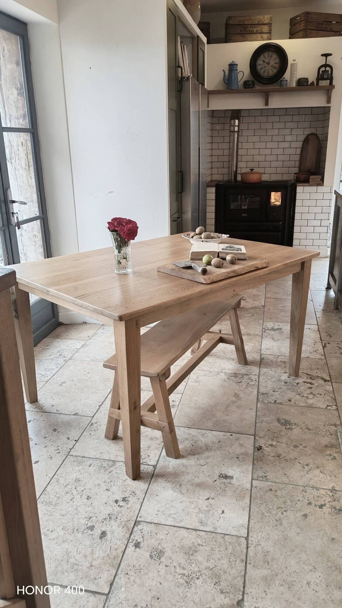 Farm table and bench ("A frame") in solid French oak.