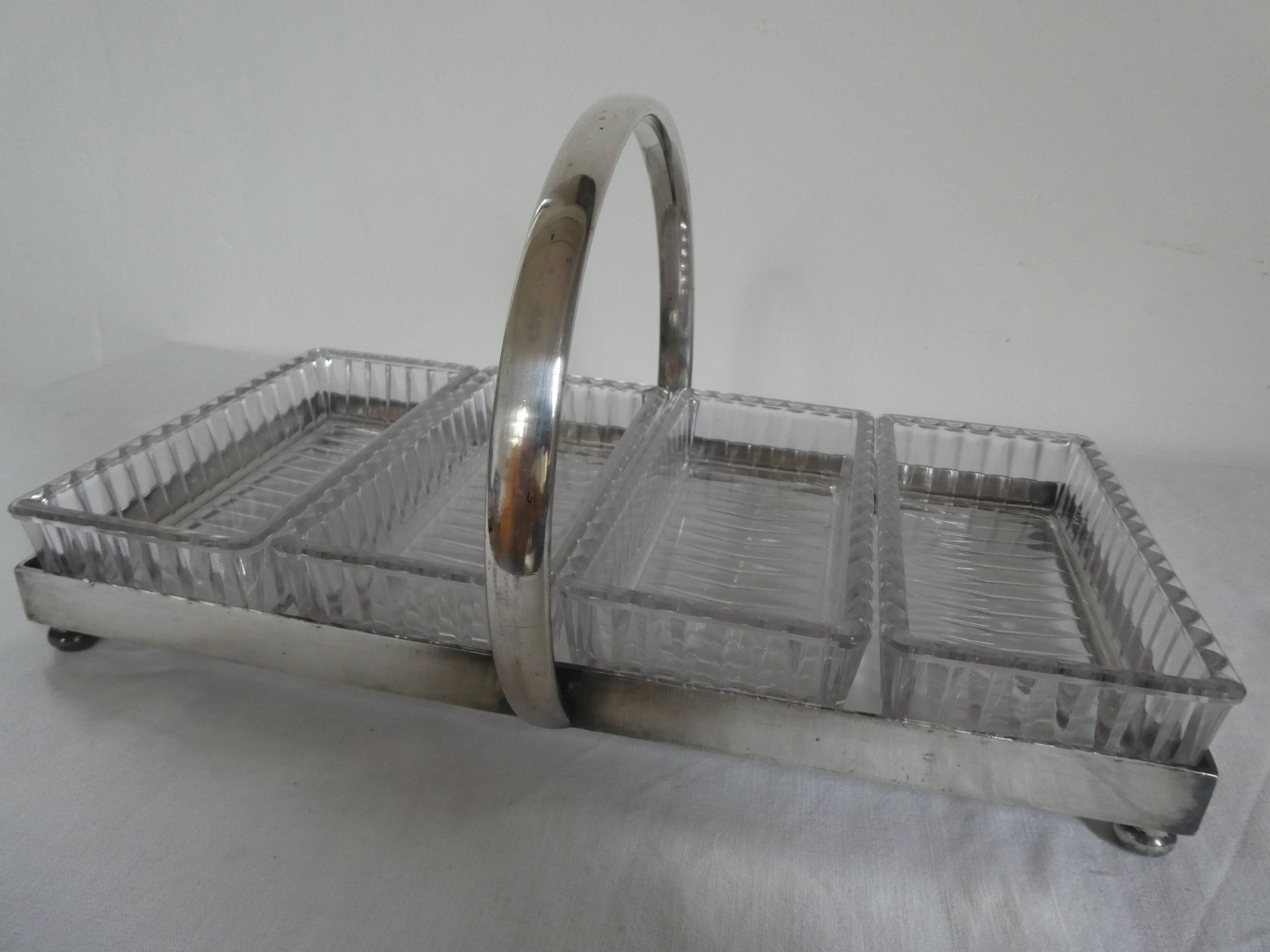 Silver metal aperitif server & 4 art deco glass ramequins/dishes