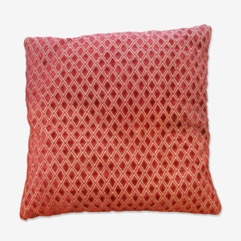 Coussin ancien carré en velours épais rouge motifs géométriques