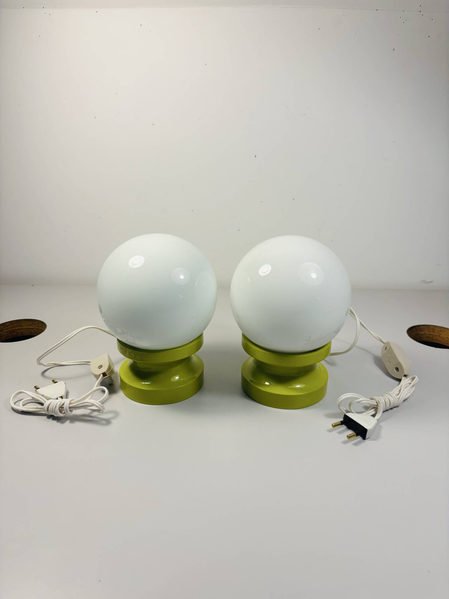 Lot of 2 Oval Table Lamps Wood Space Age Vintage 70s Italy