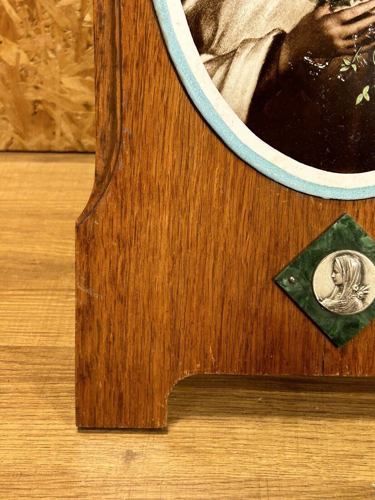 Old bedside oratory, oak, enamelled plaque, holy virgin, lourdes