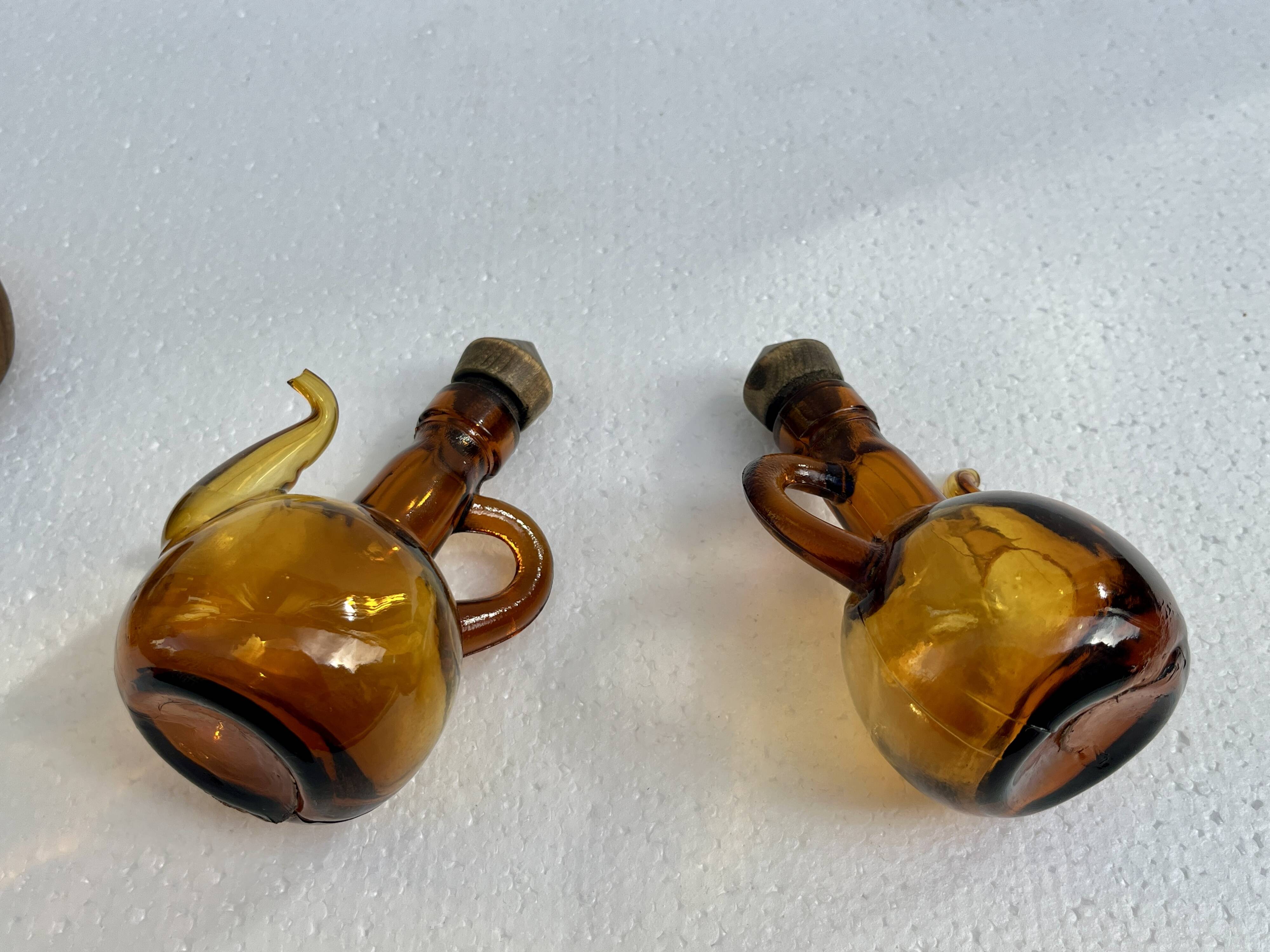 Oil and vinegar server amber glass and olive wood