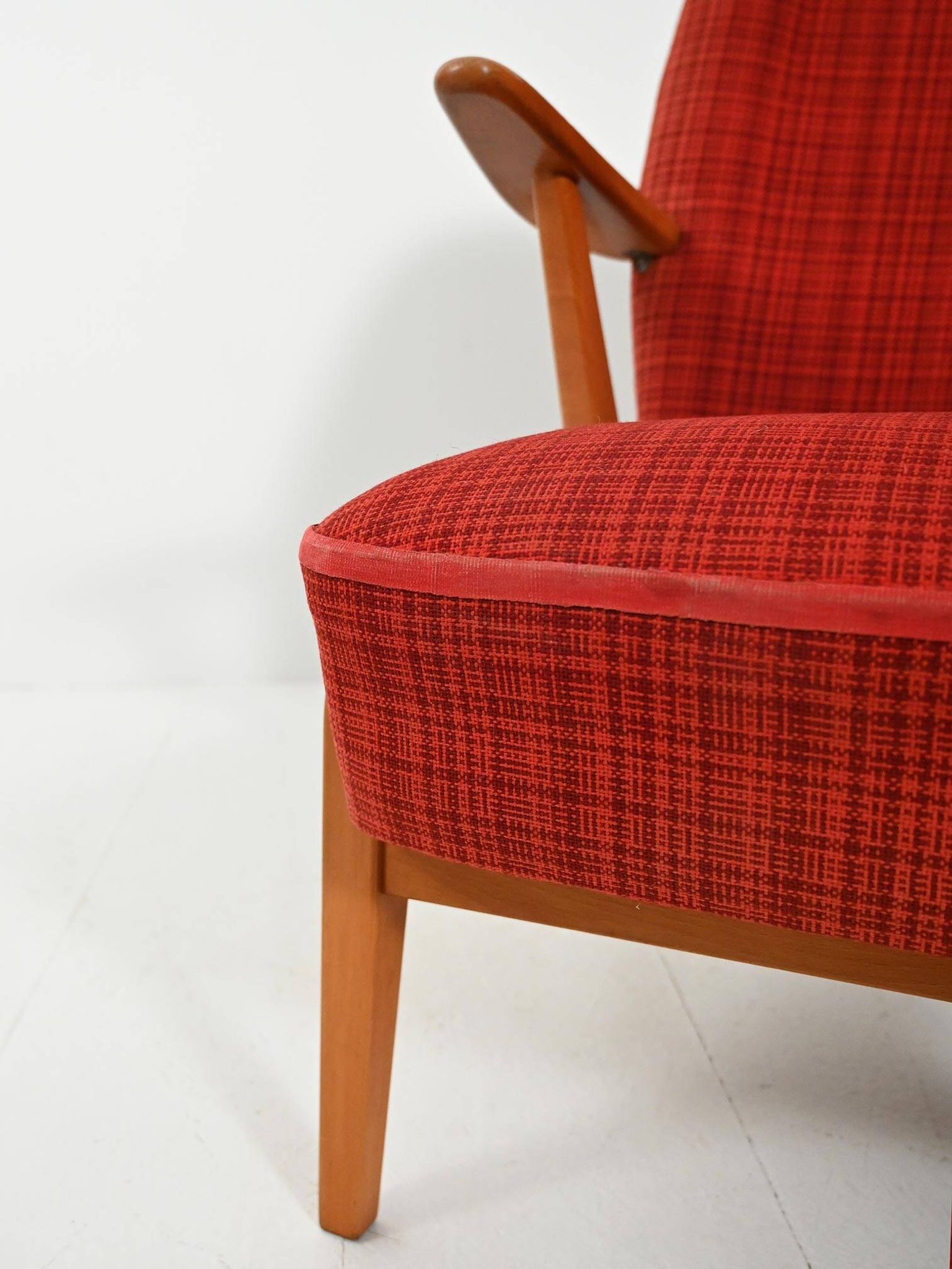 Scandinavian 1950s Beech Armchair with red upholstery