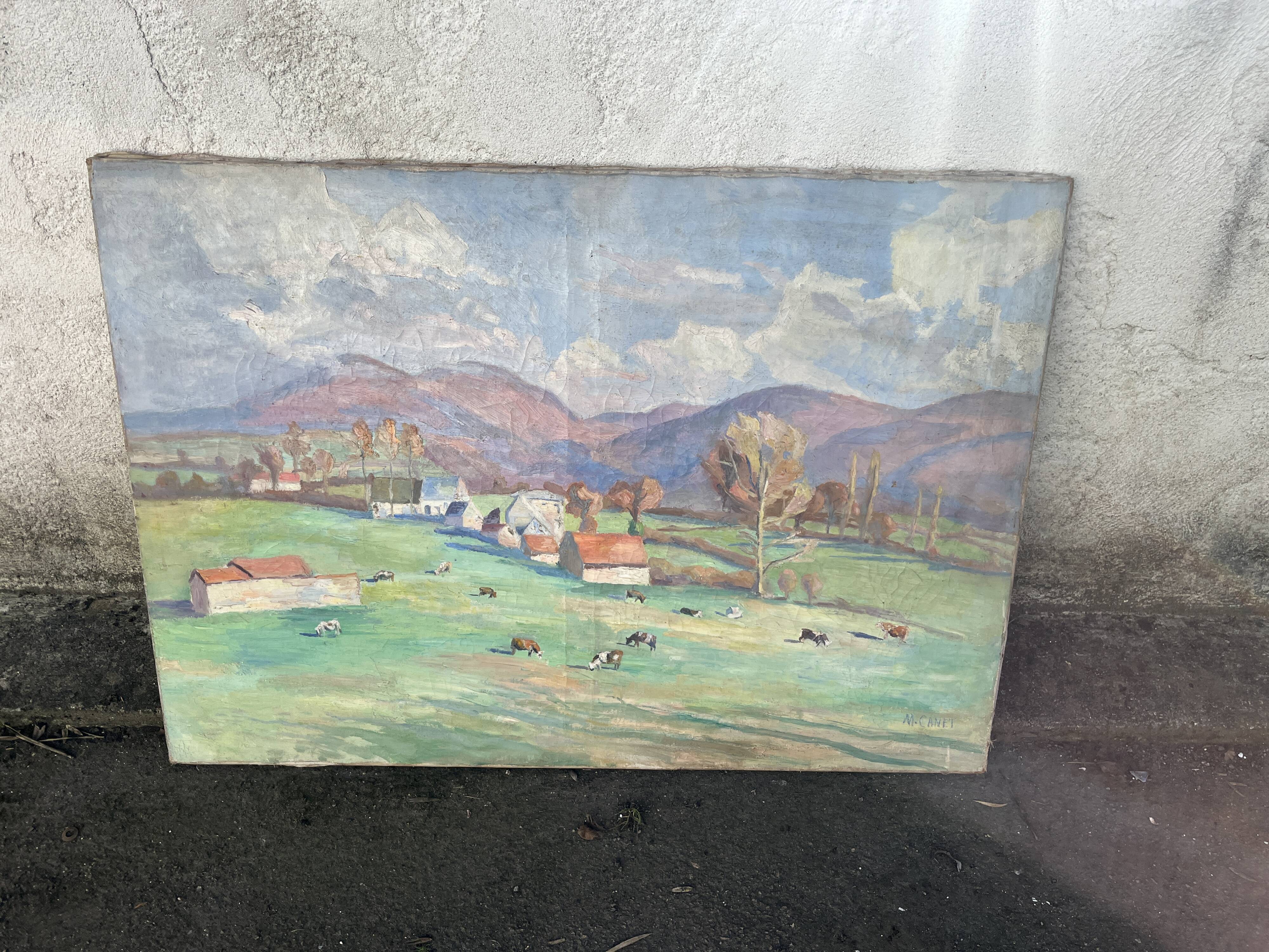 Large painting by Mr. Canet - Countryside landscape with cows