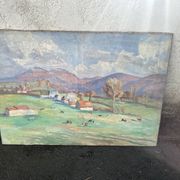 Grand tableau de M. Canet - Paysage de campagne aux vaches