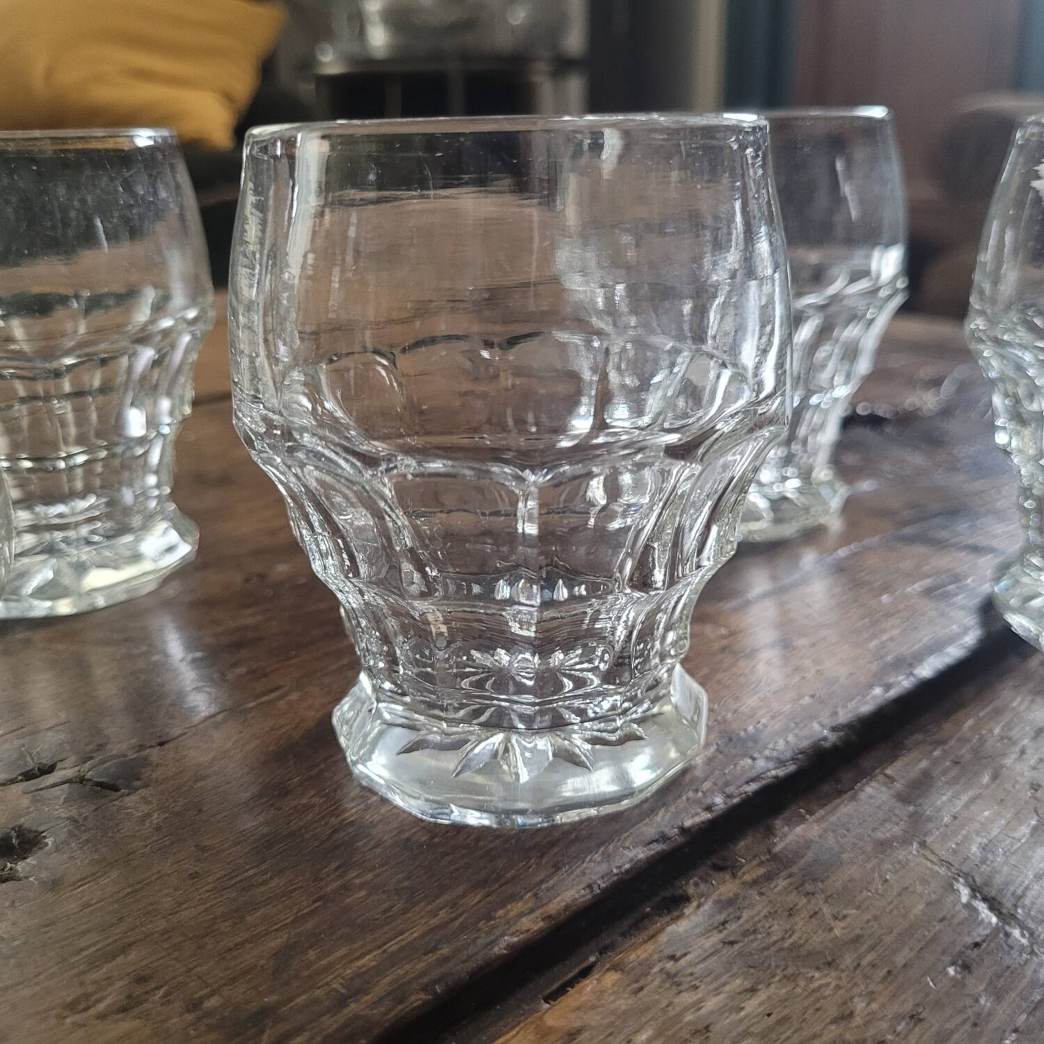 molded glass glasses with geometric decoration – France, 1950s