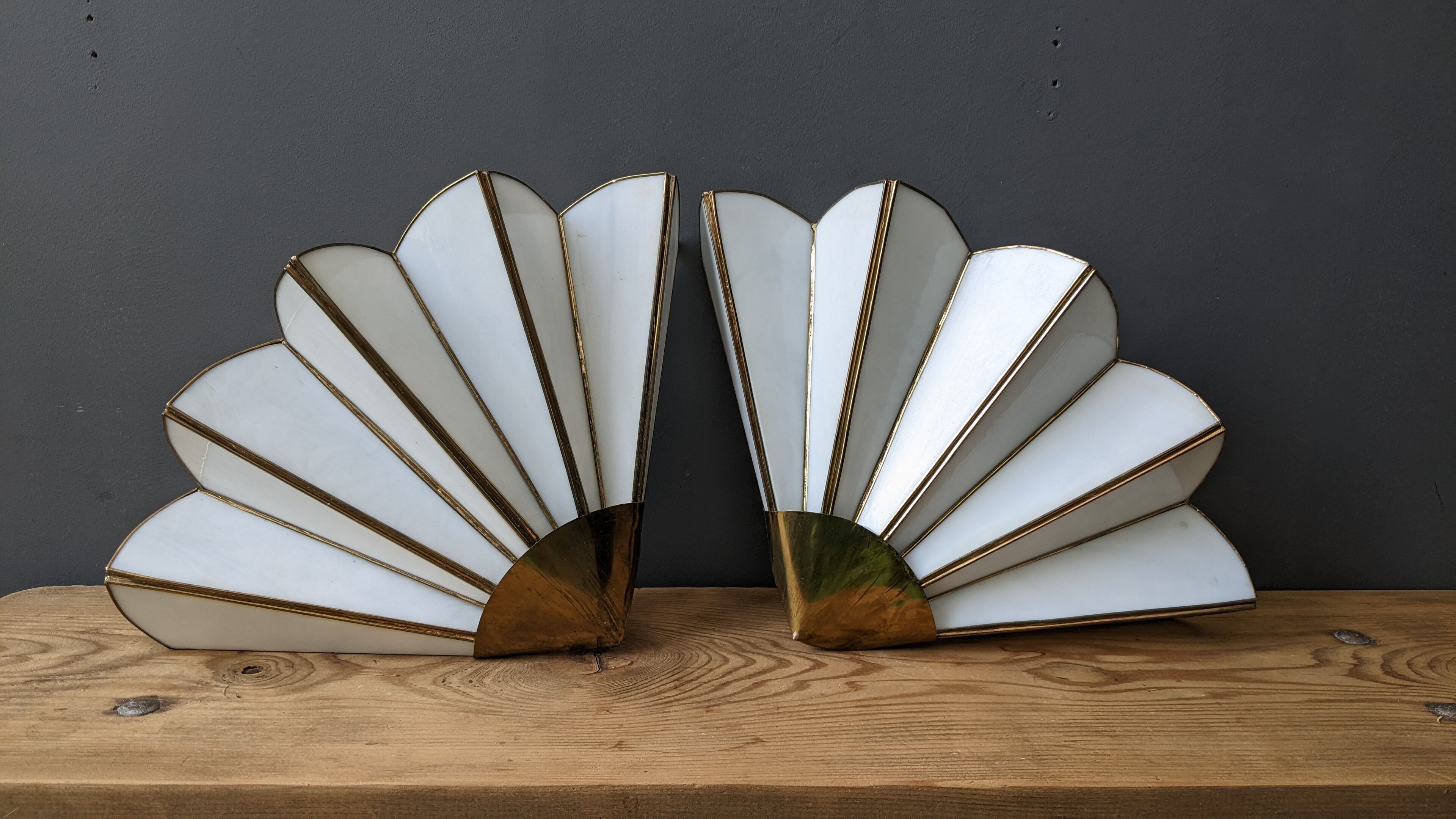 Pair of mother-of-pearl and brass fan wall lamps
