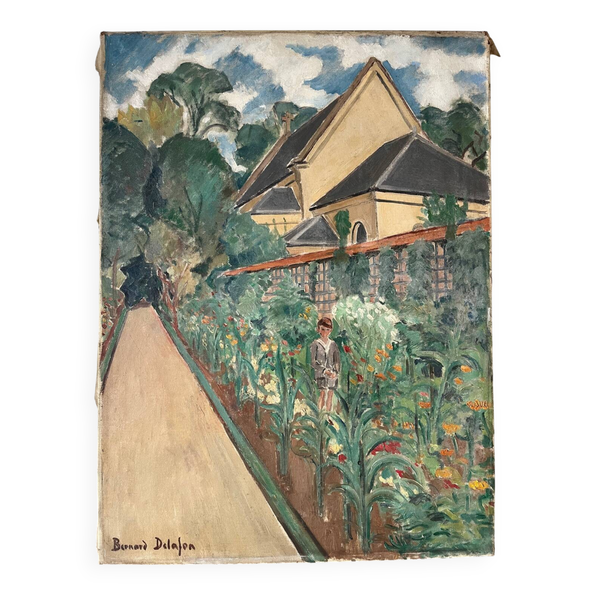 Country house with young man, signed Bernard Delafon