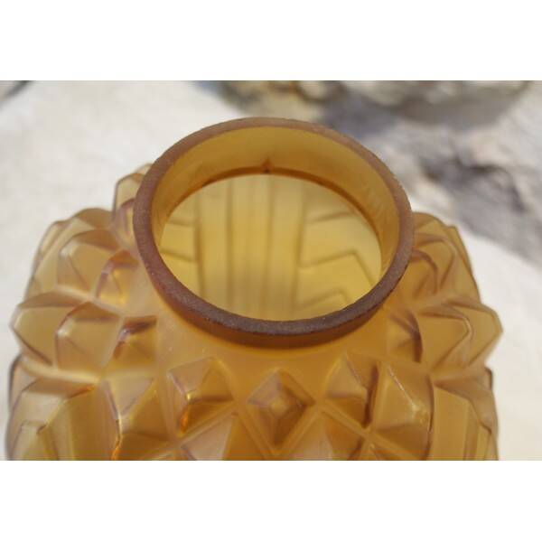 Amber yellow satin glass moulded round vase signed CLA, Art Deco, circa 1930.